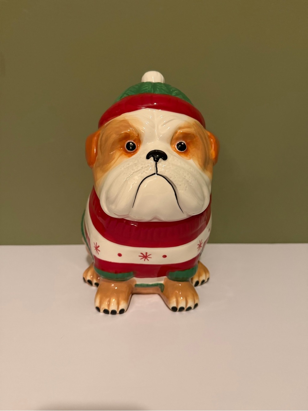 Sleigh Bell Bistro Animal Dog Bulldog Christmas Ceramic Cookie Jar